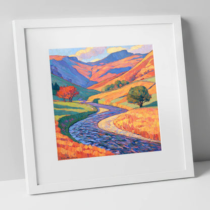 Winding River in Vibrant Valley lake district waterfall art print in white frame