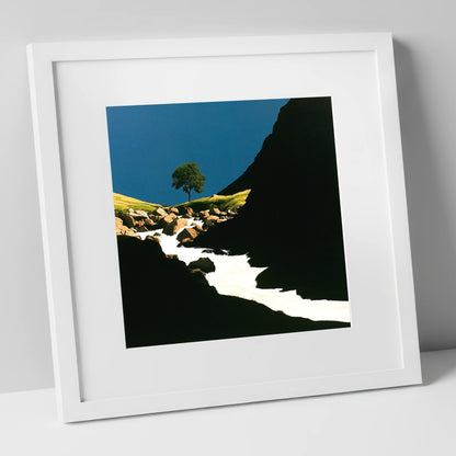 Lone Tree Above Rushing Beck lake district waterfall art print in white frame