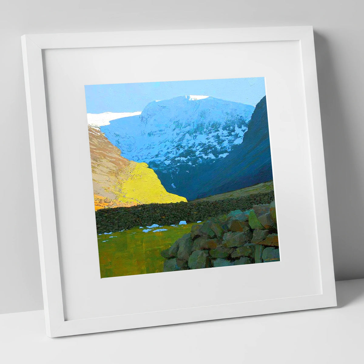Winter Sunlight Over Seathwaite Fell lake district fell art print in white frame