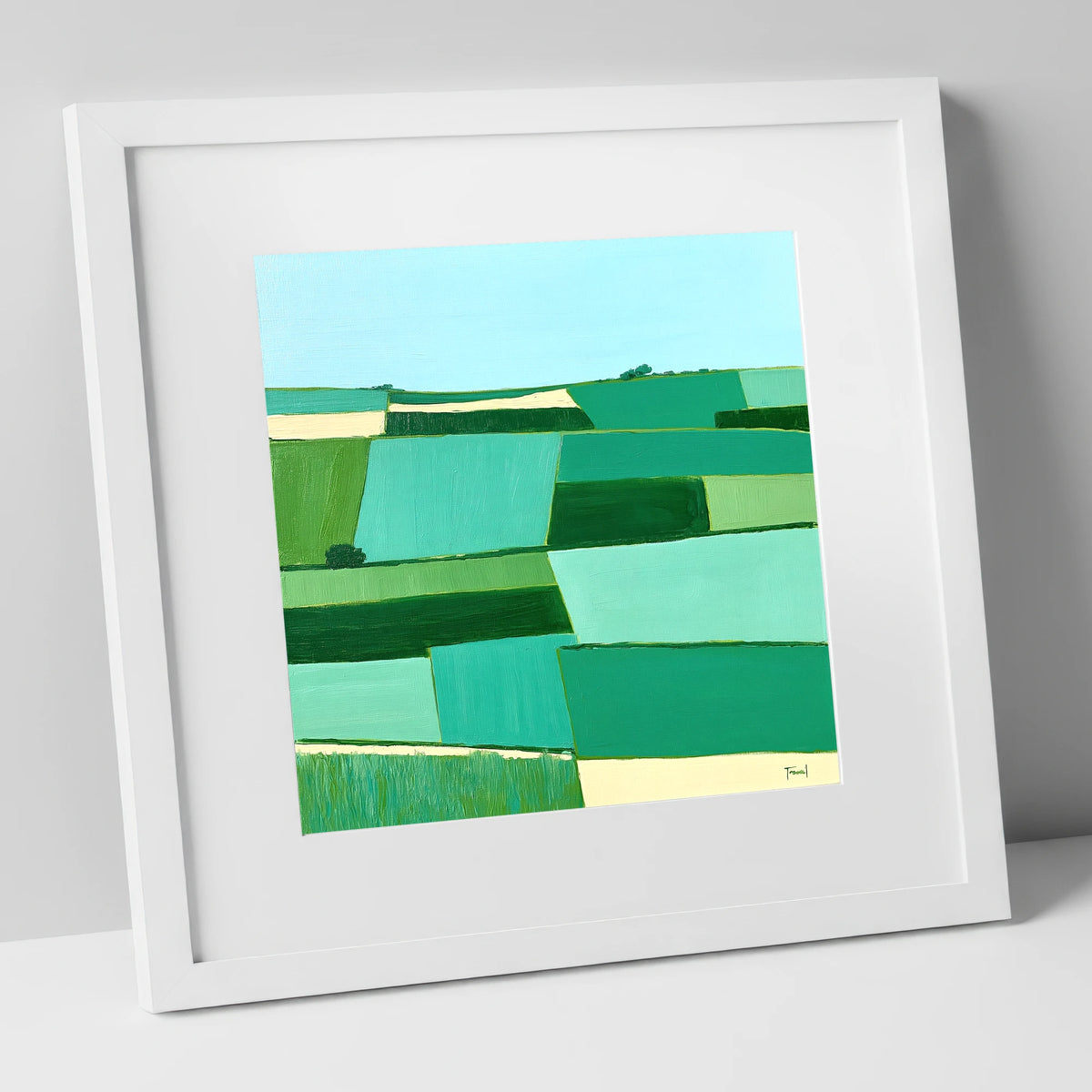 Green Patchwork Dale Fields lake district valley art print in white frame