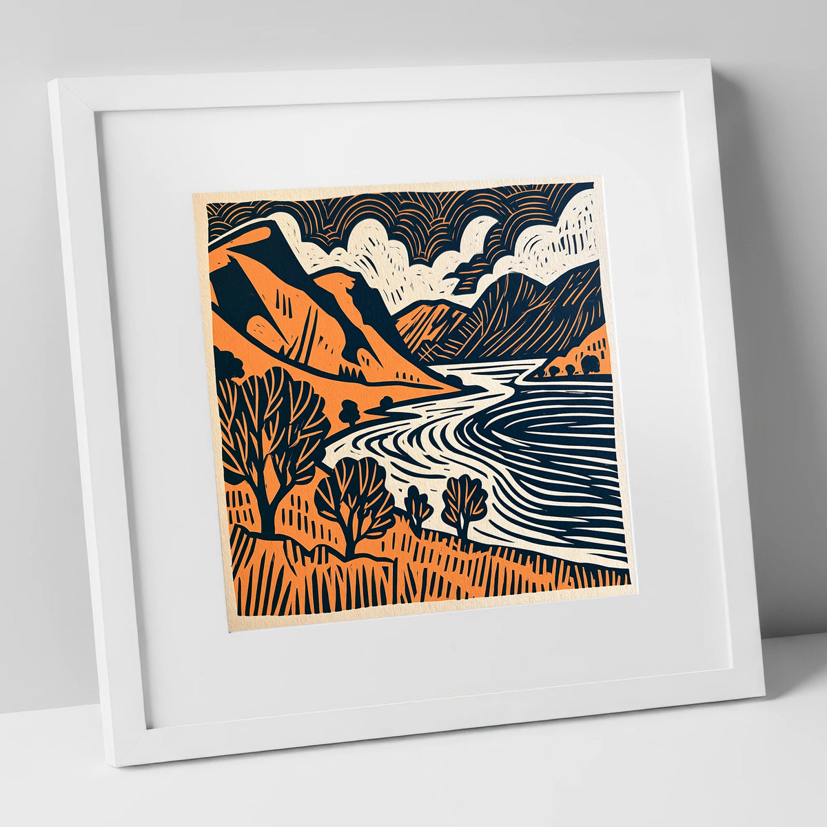 Rhythmic Ullswater Fells and Water lake district lake art print in white frame