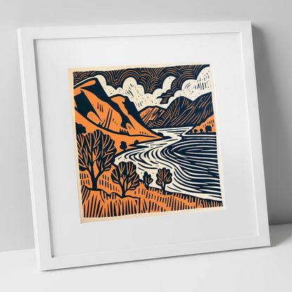 Rhythmic Ullswater Fells and Water lake district lake art print in white frame