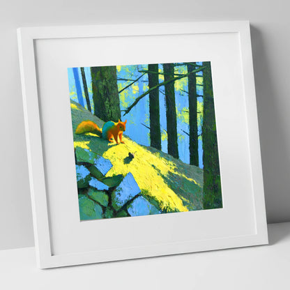 Red Squirrel in Sunlit Woodland lake district wildlife art print in white frame