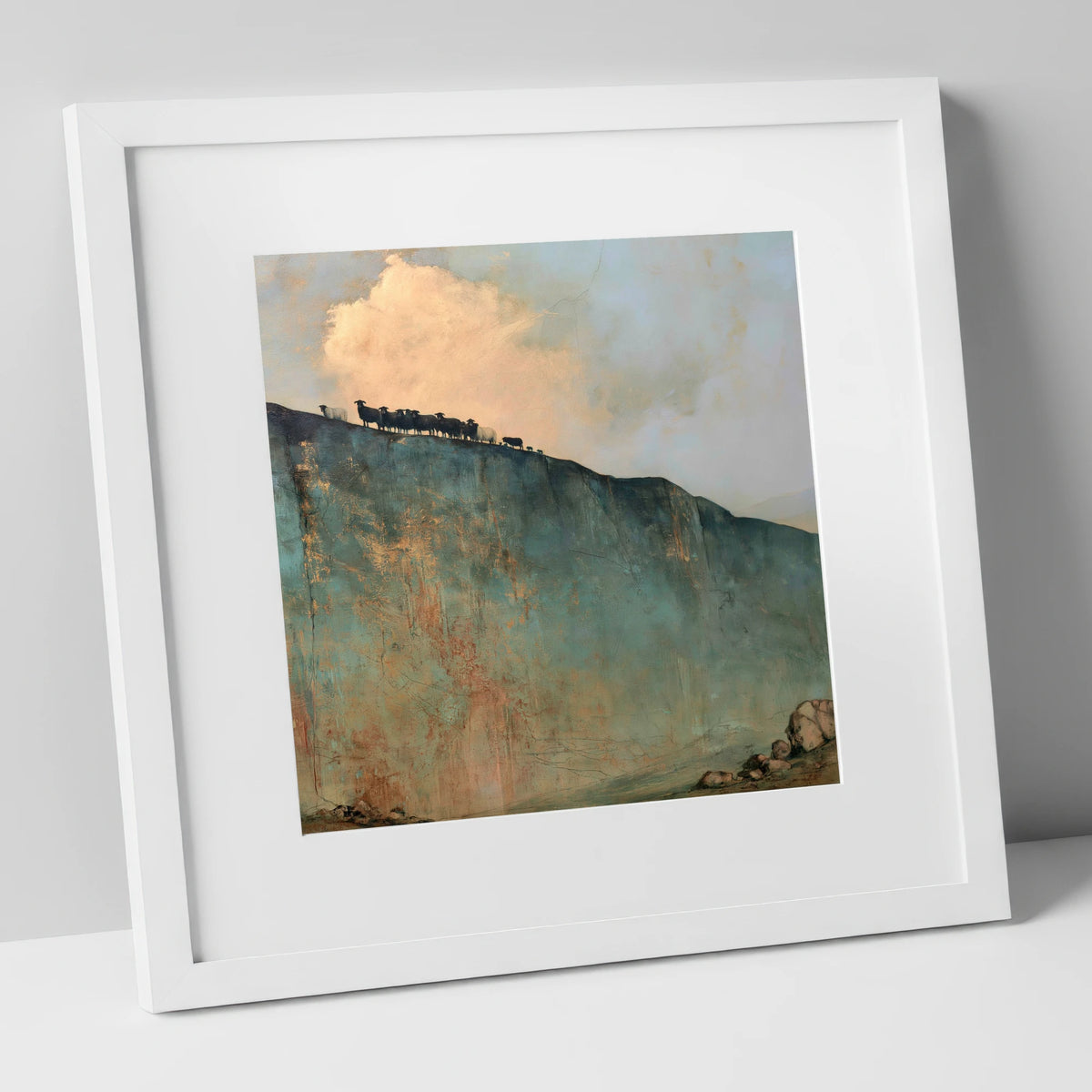 Herdwicks on a Fell Skyline lake district wildlife art print in white frame