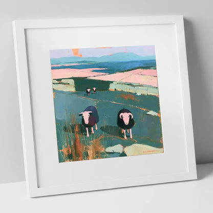 Herdwick Sheep on a Teal Fellside lake district wildlife art print in white frame