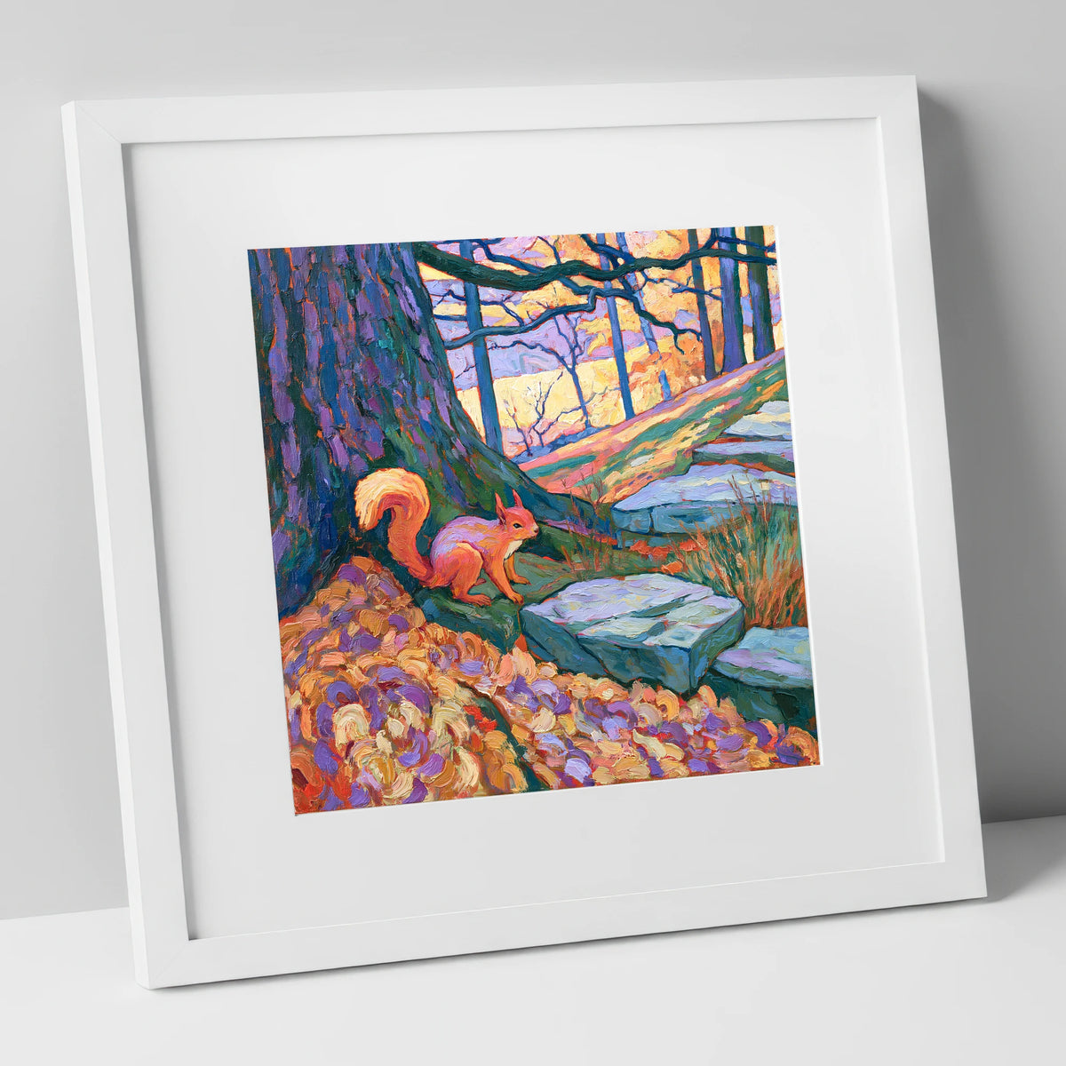 Red Squirrel in Vibrant Woodland lake district wildlife art print in white frame