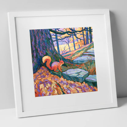 Red Squirrel in Vibrant Woodland lake district wildlife art print in white frame