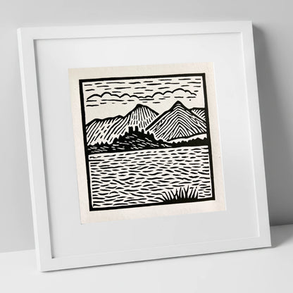 Monochrome Derwentwater Fells lake district lake art print in white frame
