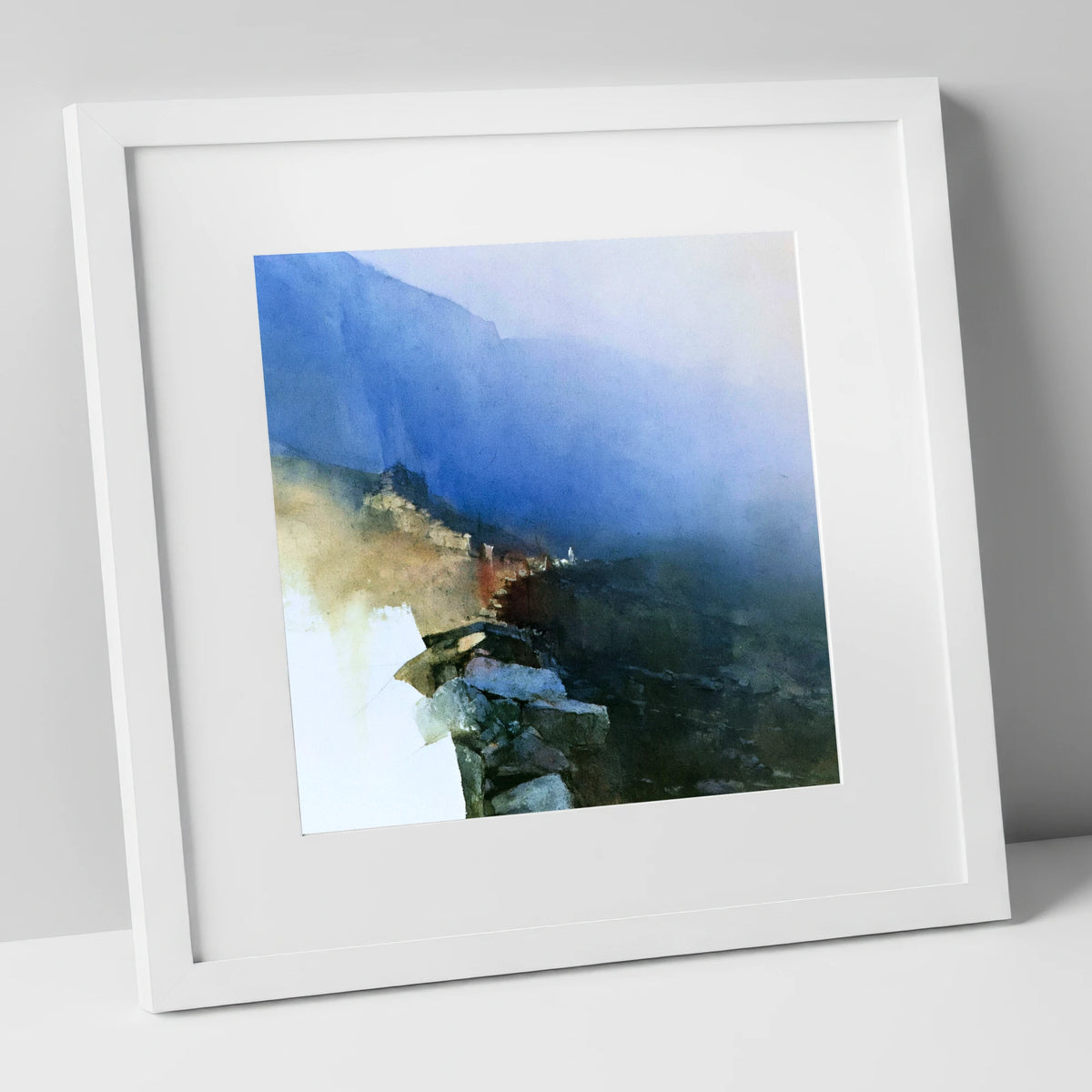 Valley Wall in Indigo Mist lake district valley art print in white frame