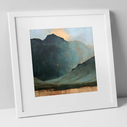 Langdale Pikes Beneath Breaking Light lake district fell art print in white frame