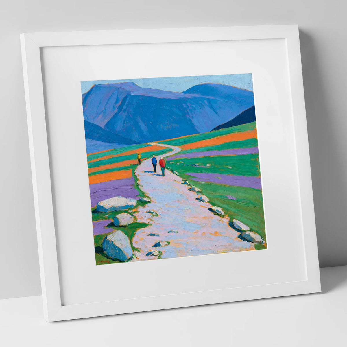 Hikers on a Vibrant Fell Path lake district fell art print in white frame