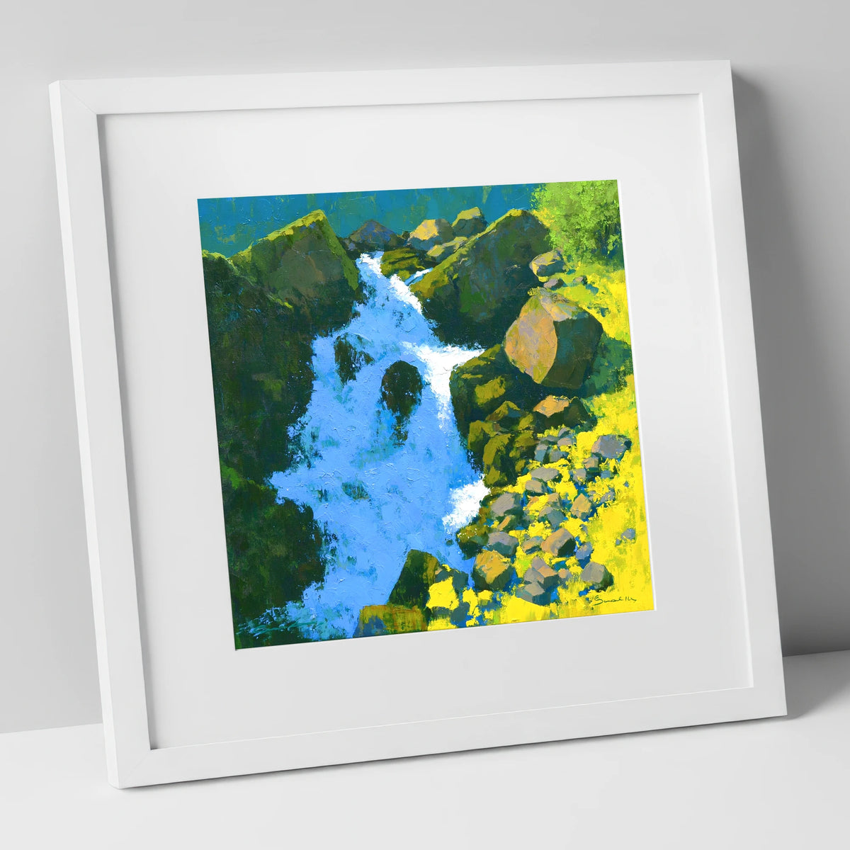 Vibrant Ghyll Waterfall and Sunlit Rocks lake district waterfall art print in white frame