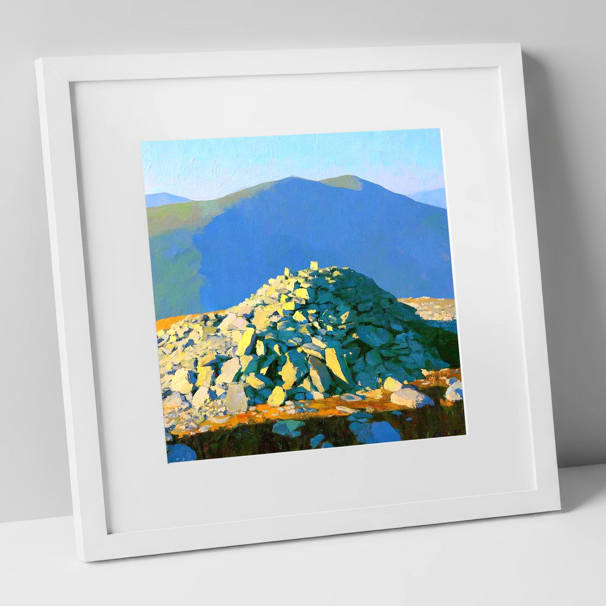 Sunlit Haycock Summit Cairn lake district fell art print in white frame