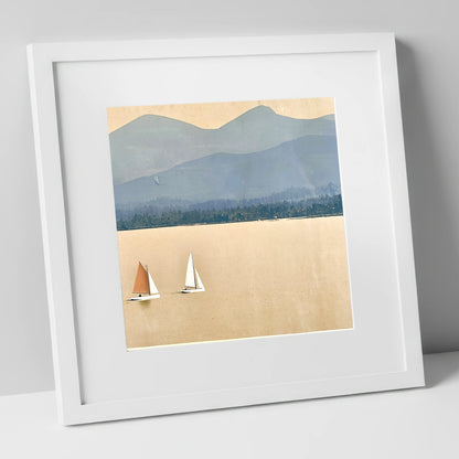 Windermere Sailboats Beneath Slate Fells lake district lake art print in white frame