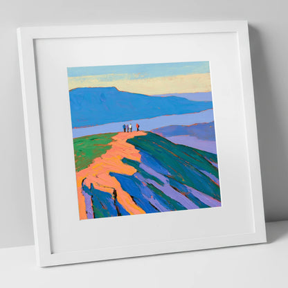 Vibrant Fell Top Hikers lake district fell art print in white frame