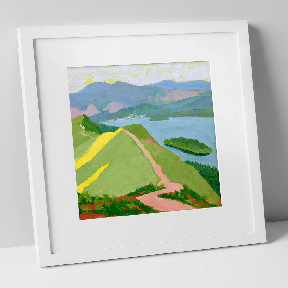 Vivid Derwentwater from Cat Bells lake district fell art print in white frame