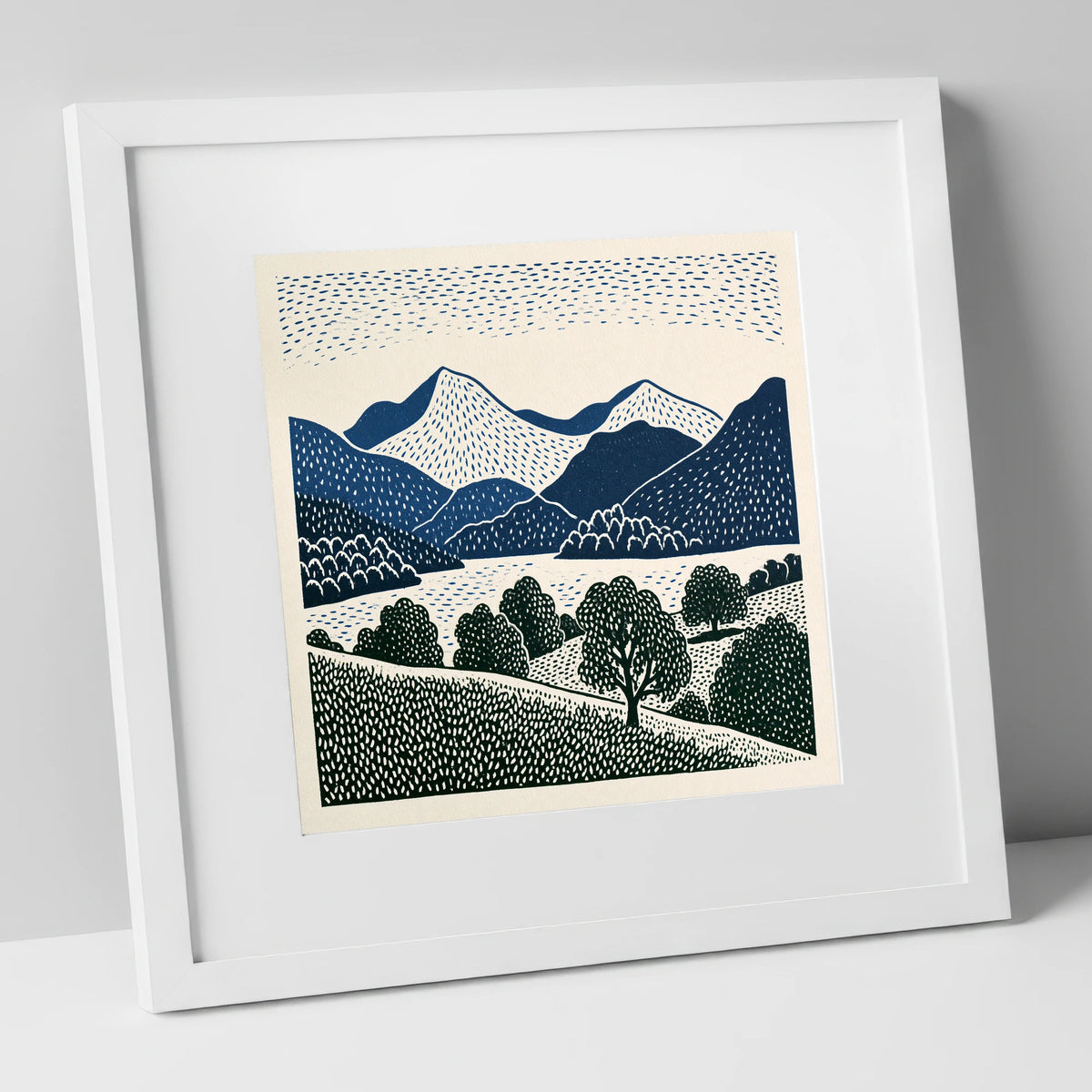 Grasmere Fells in Graphic Navy lake district lake art print in white frame