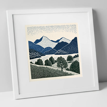 Grasmere Fells in Graphic Navy lake district lake art print in white frame