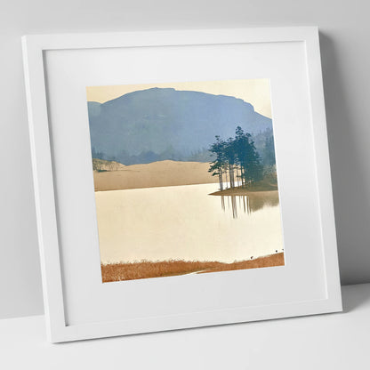 Reflected Pines at Tarn Hows lake district lake art print in white frame
