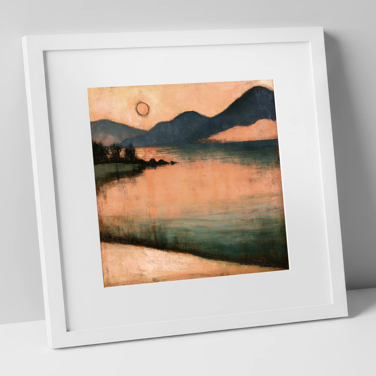 Terracotta Sunset Over Lakeland Water lake district lake art print in white frame