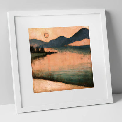 Terracotta Sunset Over Lakeland Water lake district lake art print in white frame