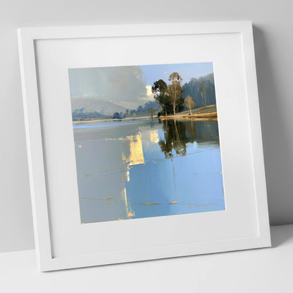 Calm Lake with Golden Reflections lake district lake art print in white frame