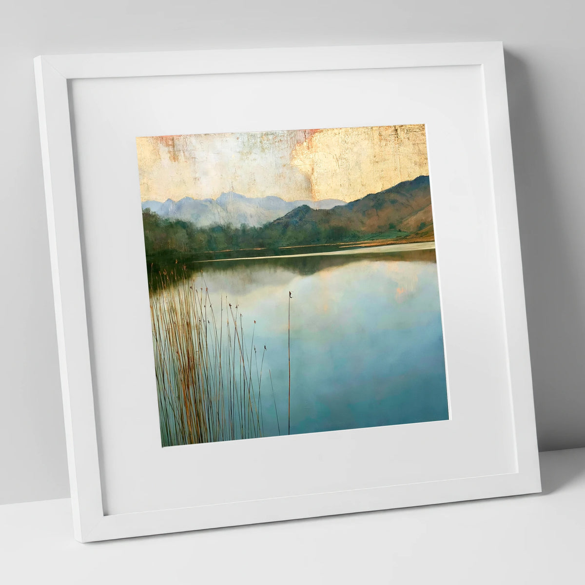 Elterwater Beneath a Golden Sky lake district lake art print in white frame