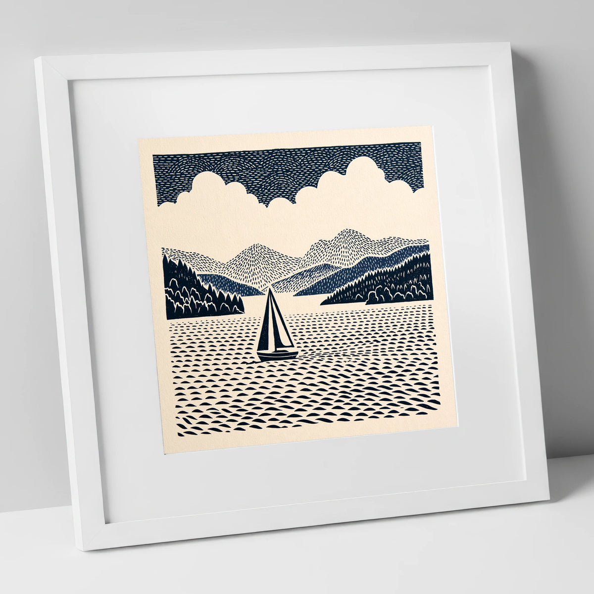 Windermere Sailboat in Deep Navy lake district lake art print in white frame