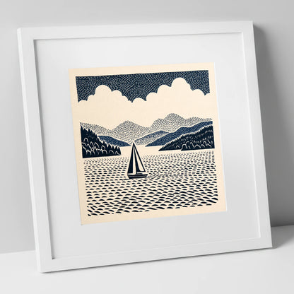 Windermere Sailboat in Deep Navy lake district lake art print in white frame