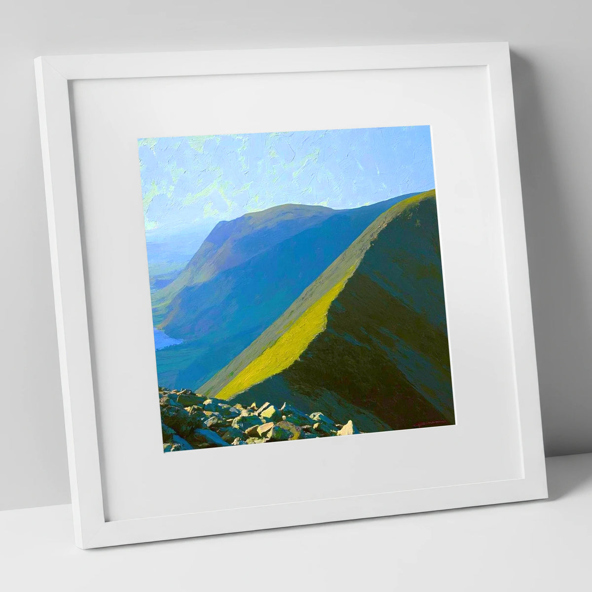 Sunlight on Whiteside Ridge lake district fell art print in white frame