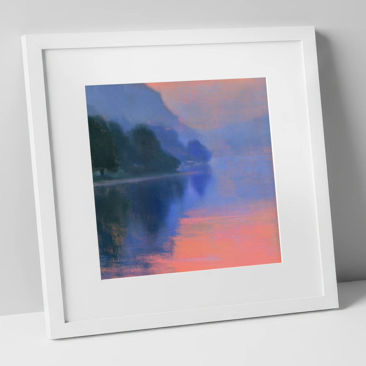Misty Lake in Peach Light lake district lake art print in white frame