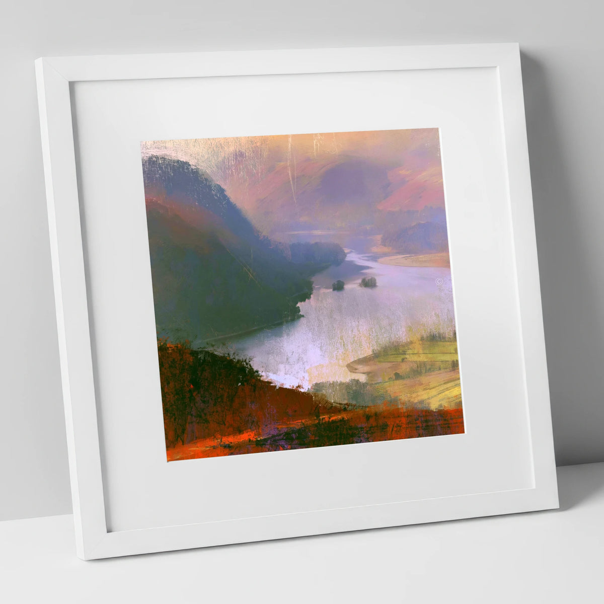 Winding Ullswater from the Fells lake district lake art print in white frame