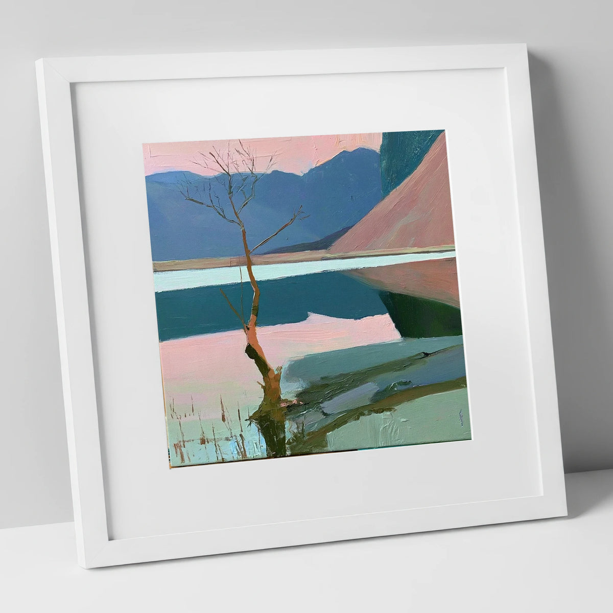 Buttermere Lone Tree in Pink lake district lake art print in white frame