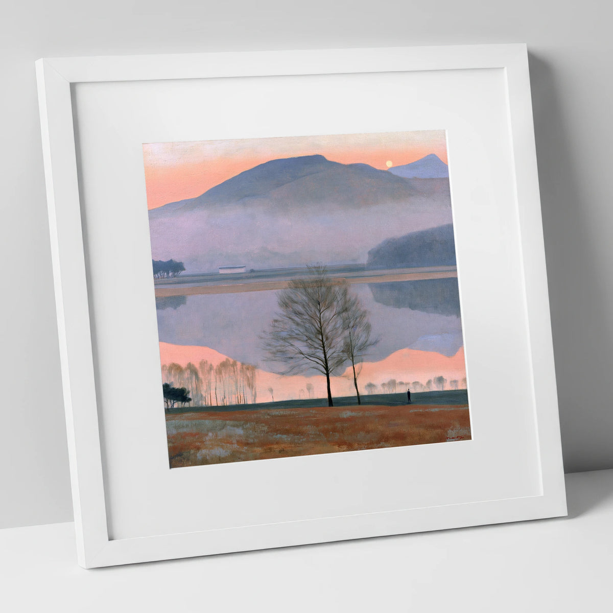 Lake Reflection in Pink Twilight lake district lake art print in white frame