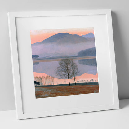 Lake Reflection in Pink Twilight lake district lake art print in white frame