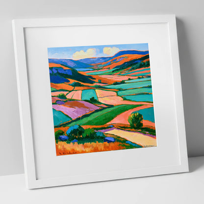 Vibrant Dale Patchwork Fields lake district valley art print in white frame