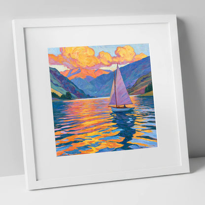 Sailing the Lake at Golden Hour lake district walking art print in white frame