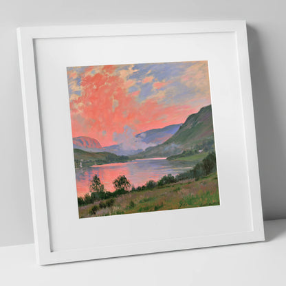 Coral Sunset Over The Lake lake district lake art print in white frame