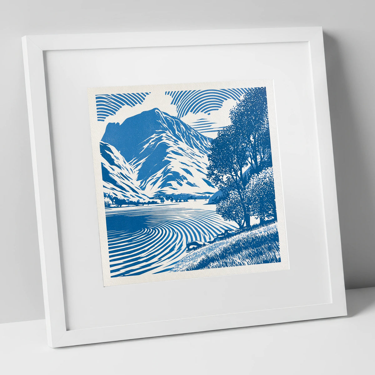 Cobalt Blue Buttermere Landscape lake district lake art print in white frame