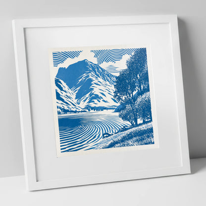 Cobalt Blue Buttermere Landscape lake district lake art print in white frame