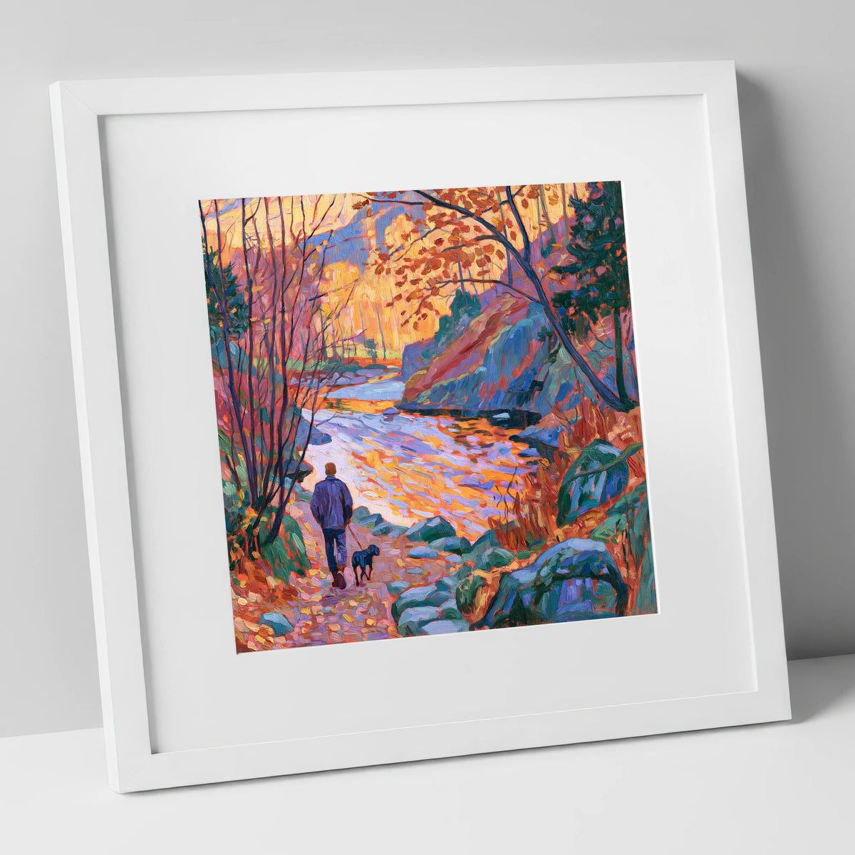 Autumn Dog Walk Aira Force gifts for dog walkers art print in white frame