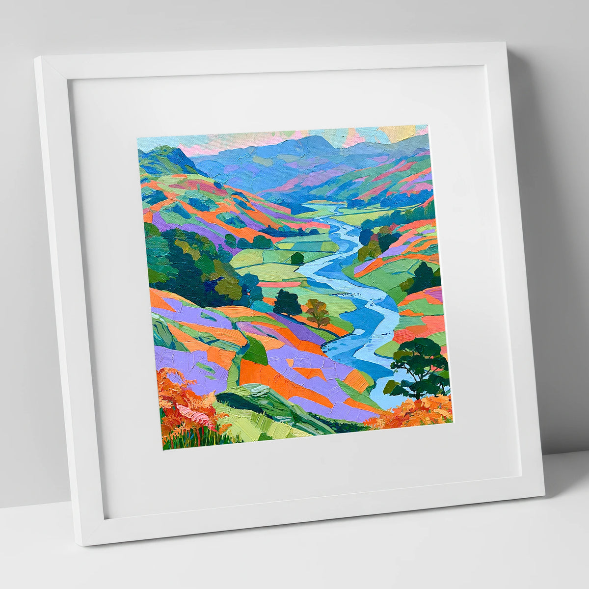 Vibrant Lake District River Valley lake district waterfall art print in white frame