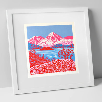 Vibrant Red Catbells Landscape lake district fell art print in white frame