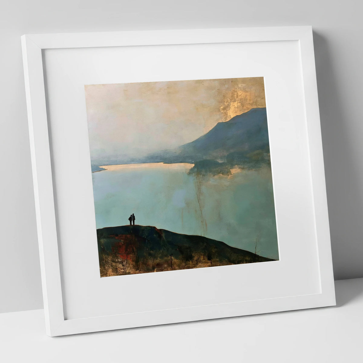 Catbells Walkers in Golden Light lake district fell art print in white frame