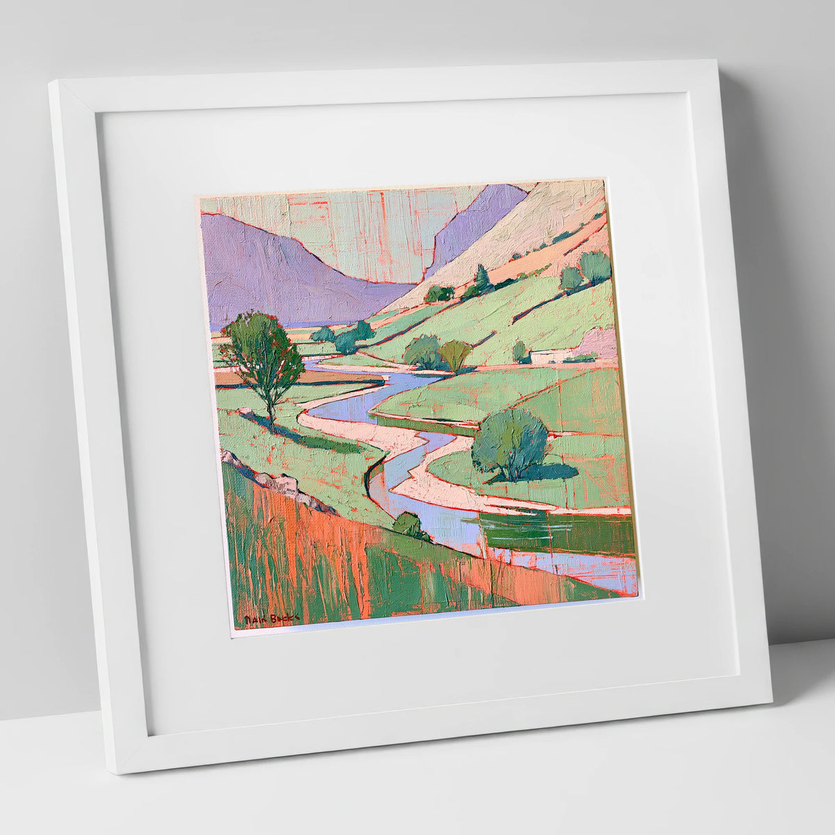 Winding River In Pastel Fells lake district waterfall art print in white frame