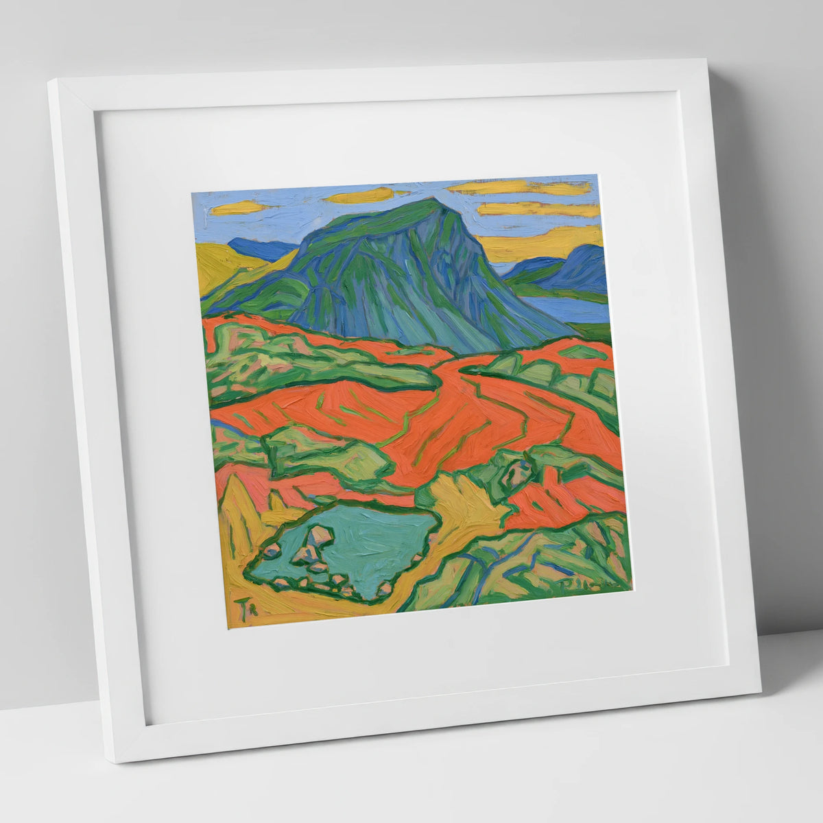 Vivid Haystacks Fell and Tarn lake district fell art print in white frame