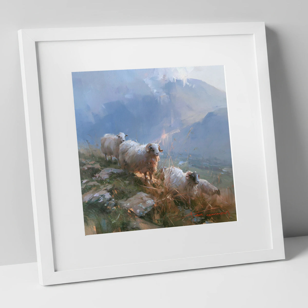 Herdwick Sheep on a Sunlit Fell lake district wildlife art print in white frame