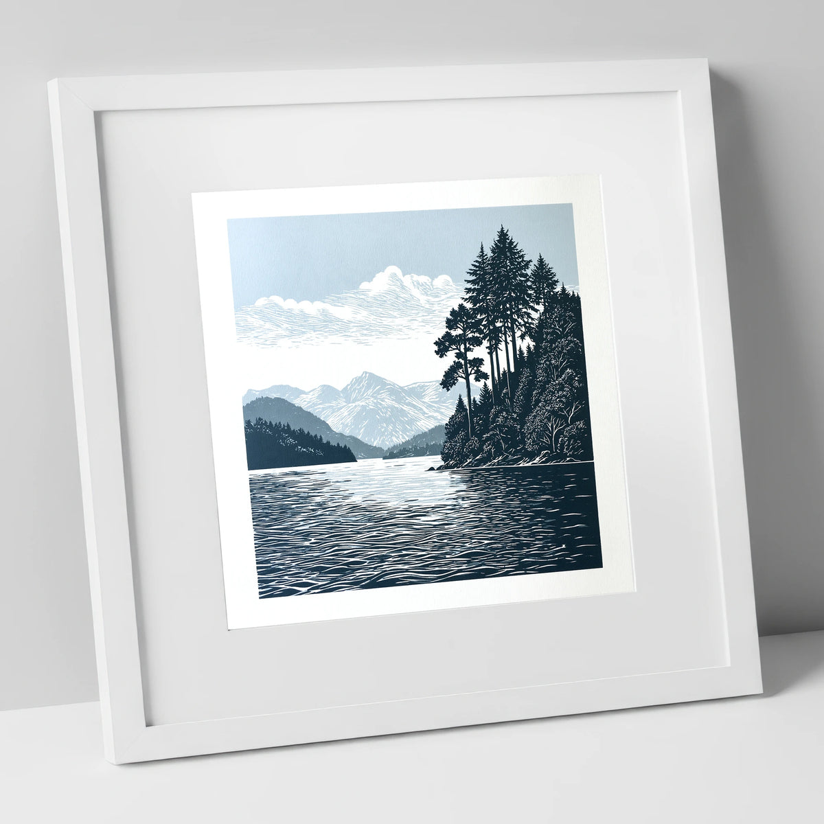 Windermere Shoreline in Deep Navy lake district lake art print in white frame