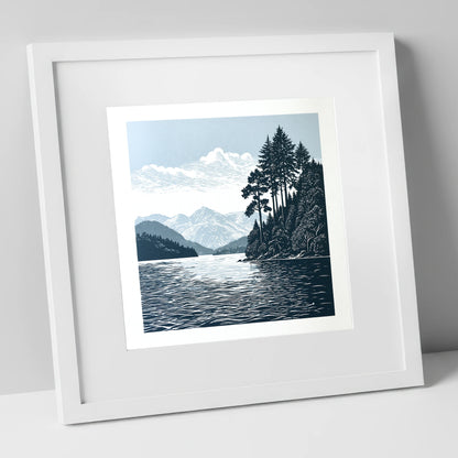 Windermere Shoreline in Deep Navy lake district lake art print in white frame