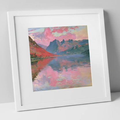 Loweswater Beneath Pink Sunset Skies lake district lake art print in white frame